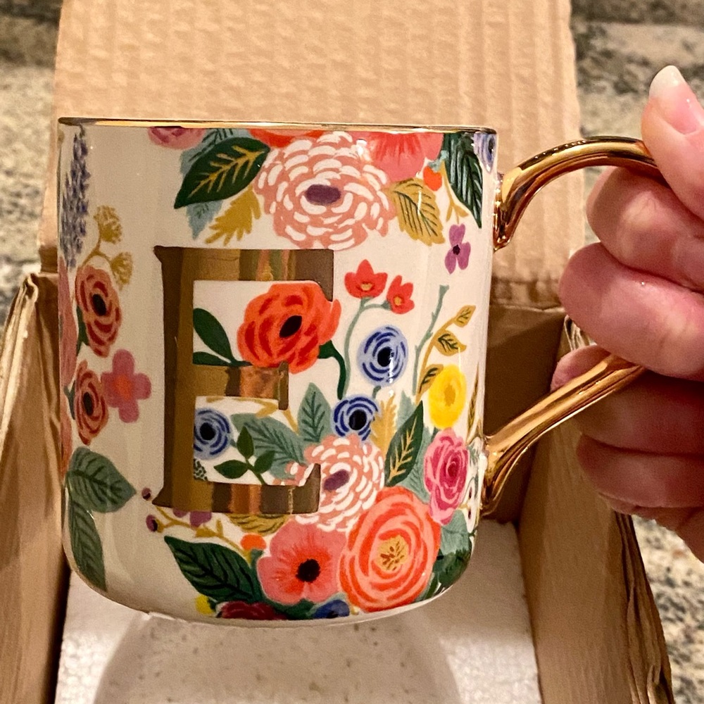 New in box E mug, Rifle Paper Co. Monogram Mug